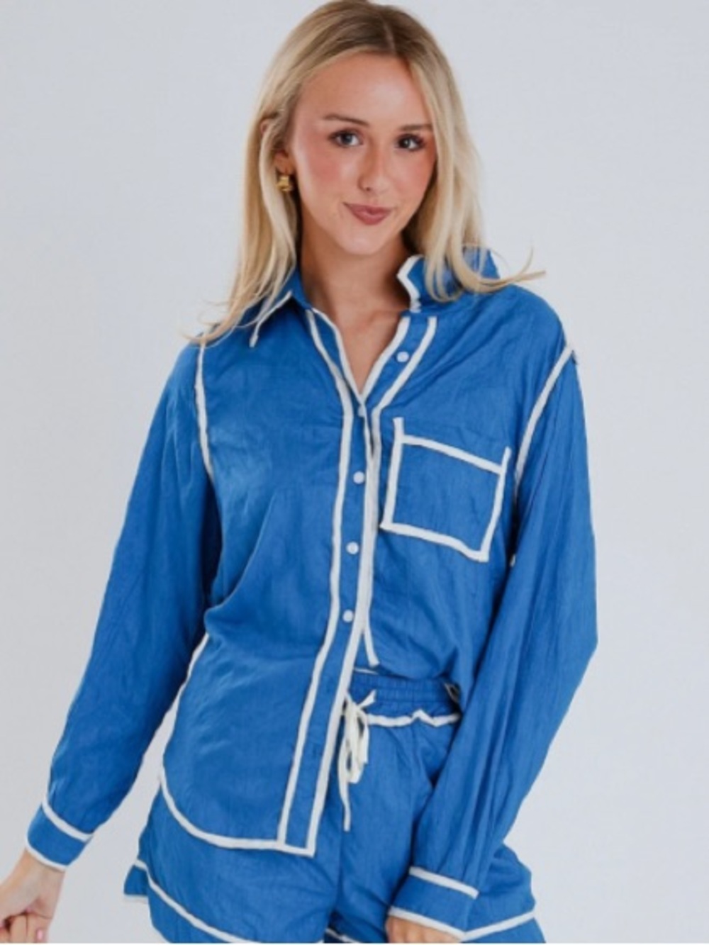 Lena Bright Blue Button-Up Top with White Label